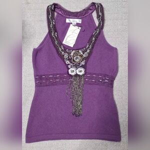 Ebene Purple Beaded V-Neck Sleeveless Sweater Size 1 X-Small